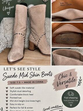 Let's See Style Suede Mid Shin Boots Studded Heeled Boots Pink US 7.5